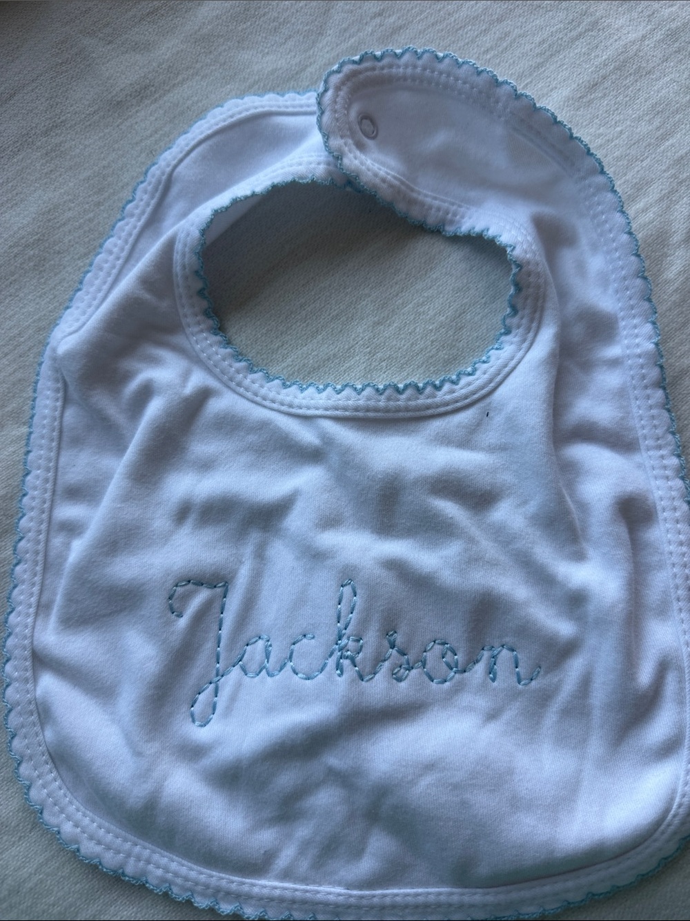 Personalized White Baby Bib with Blue Trim - Classic Kids Accessory